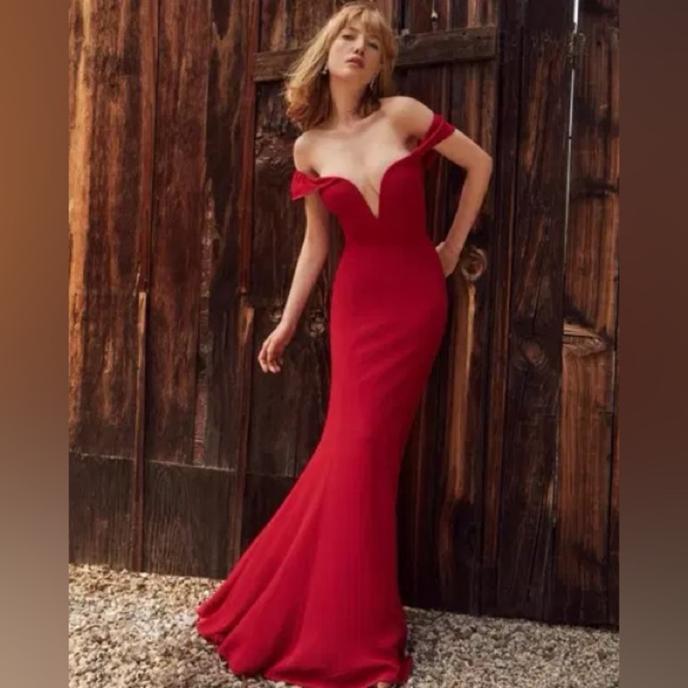 Reformation Off the Shoulder Red Gown